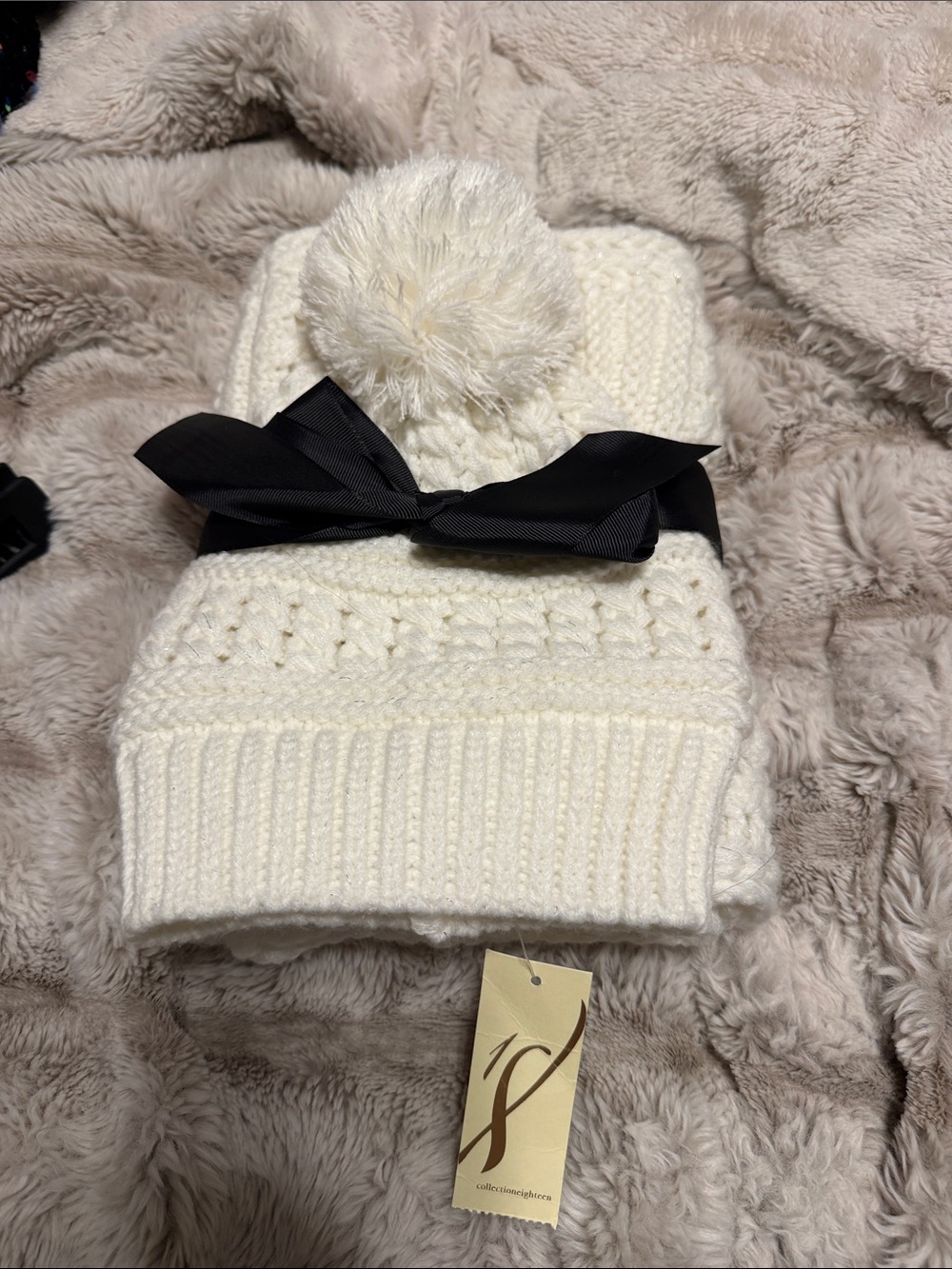 Cream Pom Beanie with Black Bow